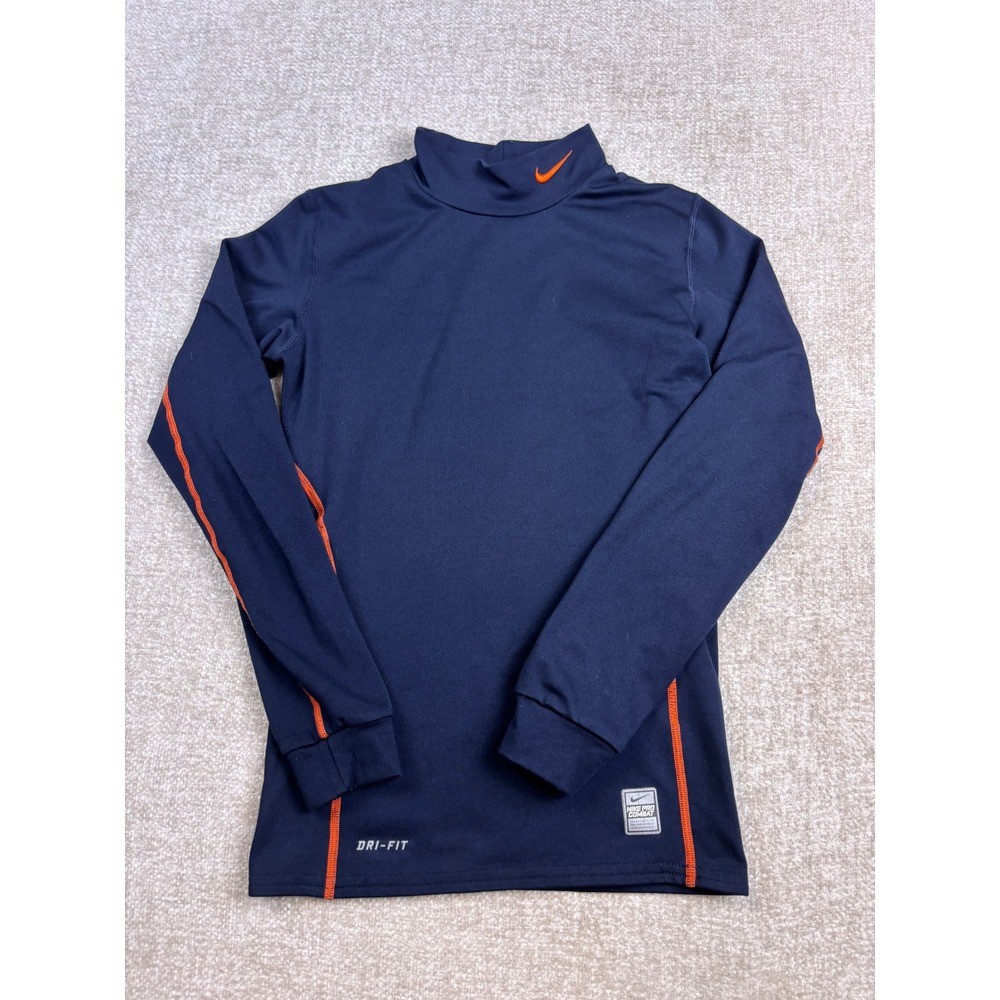 Nike Pro Combat Dri-FIT Kids Medium Navy Blue Orange Compression Mock Neck Shirt